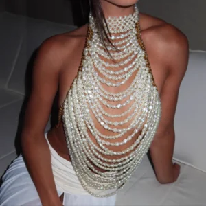 Luxury Irregular Plastic Pearls Multi-layer Bra Chains Women Wide Collar Halter Tank Vest Tops Summer Bikini Crop Body Jewelry