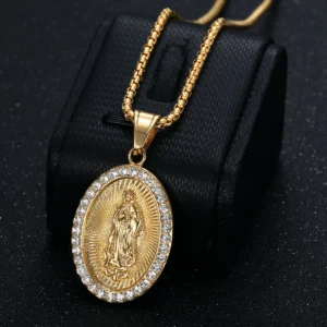 Virgin Mary Prayer Pendant Necklaces Gold color 316L Stainless Steel with rhinestone Women/Men Jewelry
