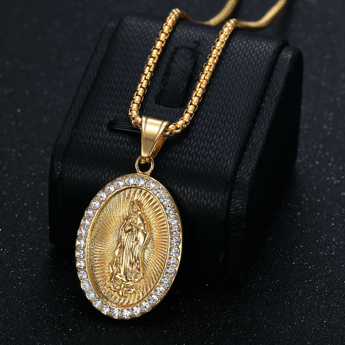 Virgin Mary Prayer Pendant Necklaces Gold color 316L Stainless Steel with rhinestone Women/Men Jewelry