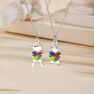 Stainless Steel Jewelry Heart Puzzle Boy&Girl Shaped Pendant Necklace Autism Awareness Silver Color Chain Necklace for Women