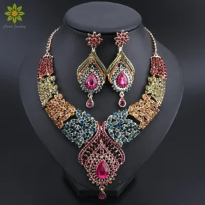 Hot sale Gold Color Multicolor Crystal Rhinestones Feather shaped Necklace Earrings Set African Bridal Jewelry Sets