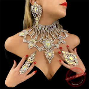 Exaggerated Fashion Big Rhinestone Necklace and Earring Set, Unique Teardrop Jewelry Set, Bridal Wedding Accessories