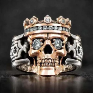 Bohemian Motorcycle Rider Retro Two-color Crown Skull Ring Punk Minimalist Niche Men's White Crystal Rose Skull Eye Ring
