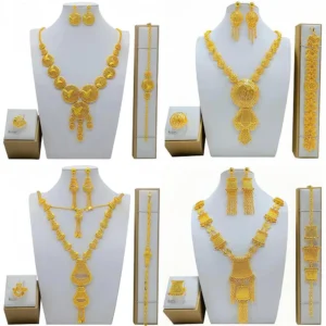 4Pcs Gold Color Indian Bridal Alloy Jewelry Set Dubai Necklace Earrings For Women Wedding 24k Gold Plated African Jwellery Bride