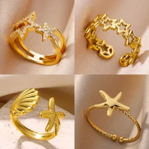 Stainless Steel Star Rings For Women Gold Color Vintage Adjustable Starfish Shell Ring Femme Wedding Party Jewelry Gift BFF