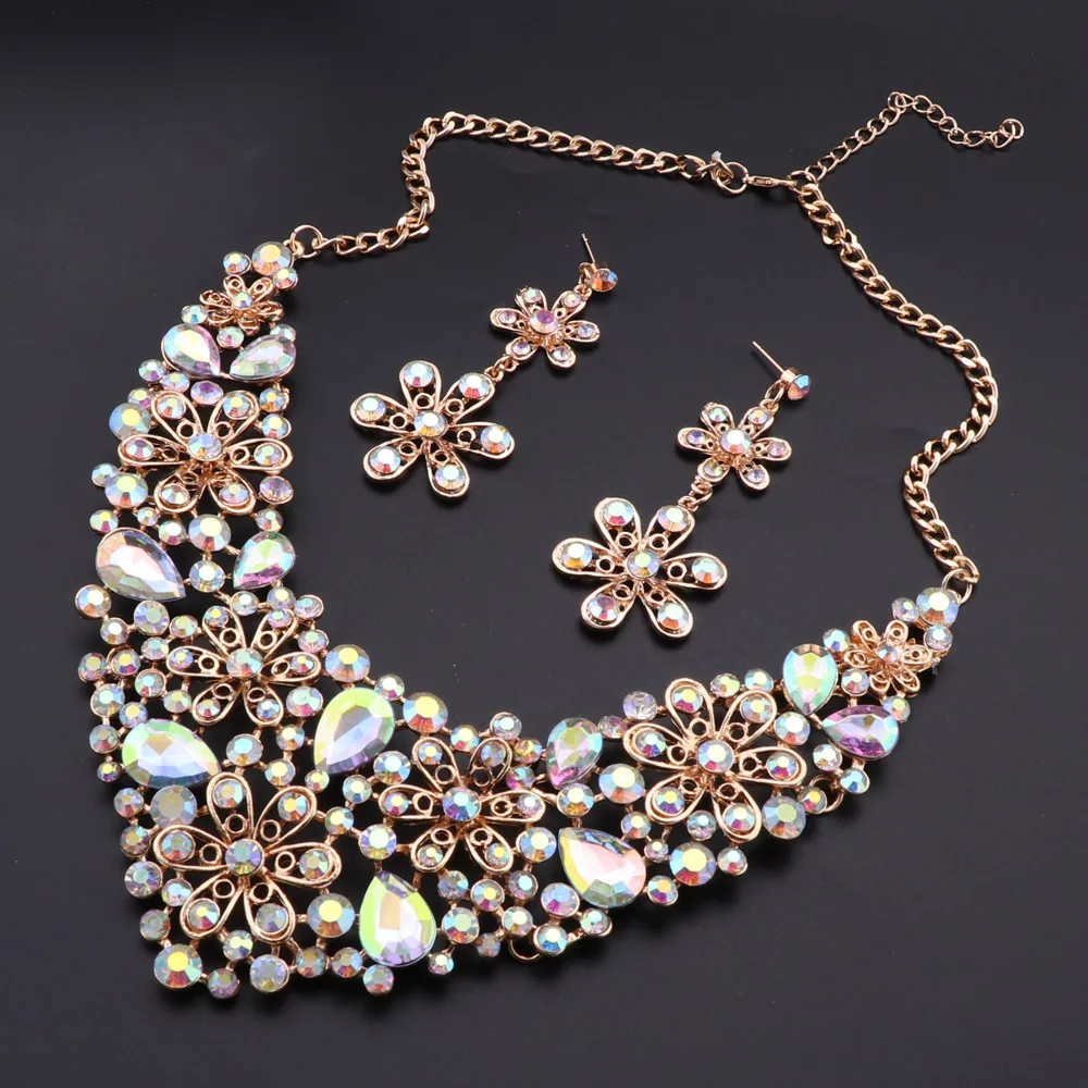 Fashion AB Color Crystal Jewelry Set Bridal Necklace Earrings Sets Wedding Party Jewelry Costume Jewellery Decorations Wholesale - Image 2