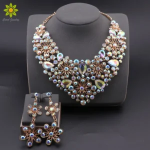 Fashion AB Color Crystal Jewelry Set Bridal Necklace Earrings Sets Wedding Party Jewelry Costume Jewellery Decorations Wholesale