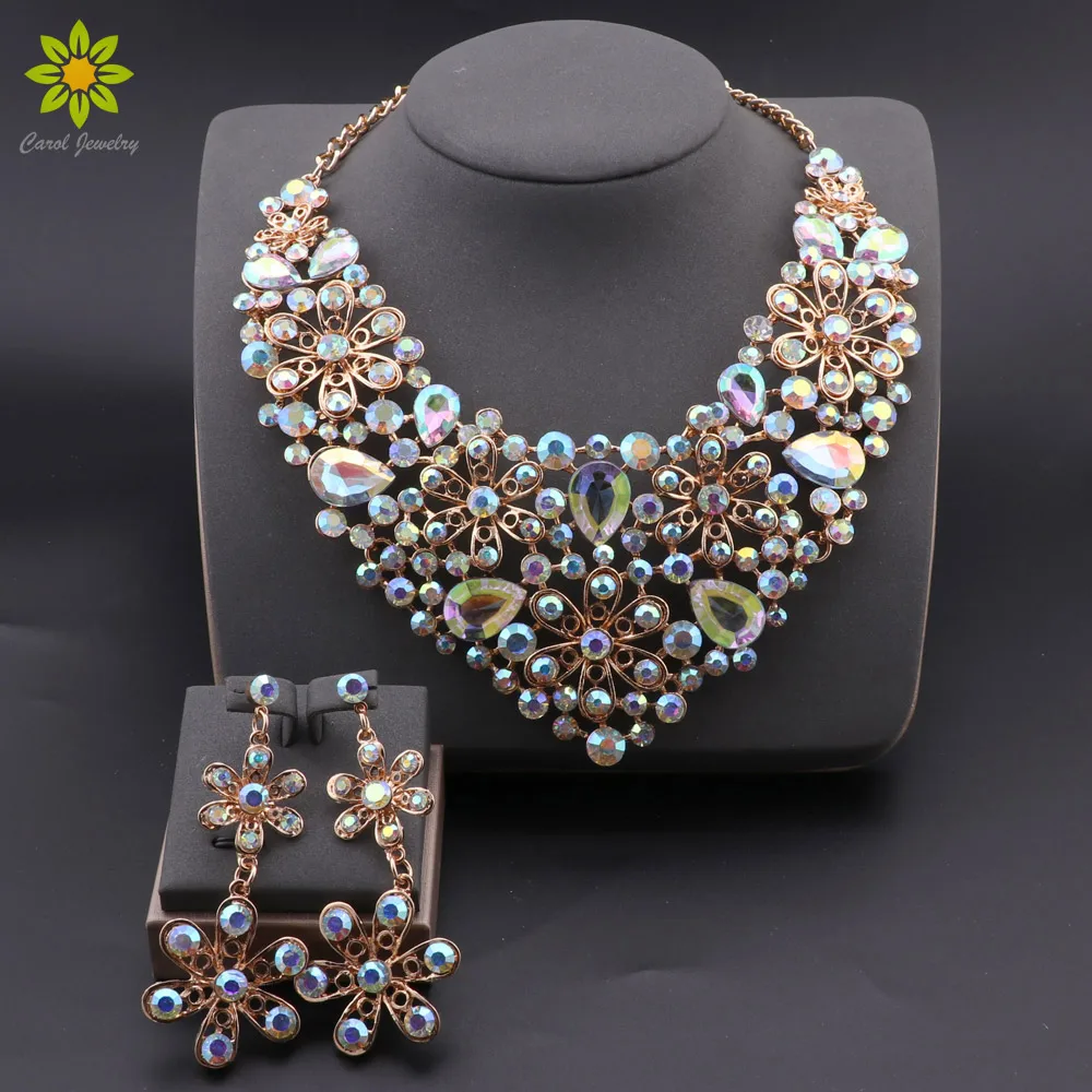 Fashion AB Color Crystal Jewelry Set Bridal Necklace Earrings Sets Wedding Party Jewelry Costume Jewellery Decorations Wholesale