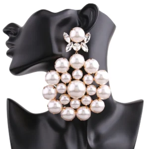 Luxurious Rhinestones Wedding Earrings Simulated Pearl Bridal Big Round Drop Earrings For Women Statement Jewelry Accessories