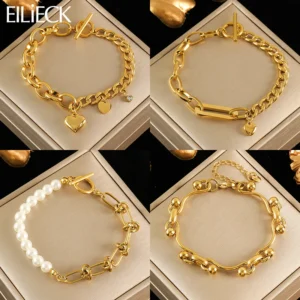 EILIECK 316L Stainless Steel Gold Color Bracelet Bangle Jewelry Charm Metal Texture 18 K Plated Heart Wrist Chain for Women