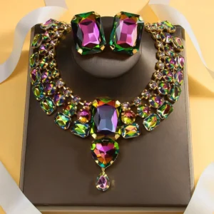 FYUAN Fashion Colorful Square Crystal Necklace Earrings For Women Party Wedding Jewelry Sets Accessories