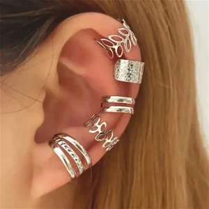 5pcs/set Trendy Elegant Design Ear Cuff Classic Elegant Style Gifts Women's No Piercing Clip silver Earrings Circle Leaf Shaped