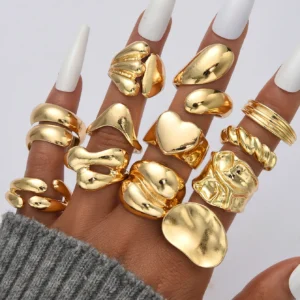 12Pcs Gold Color Lava Texture Ring Set For Women Chunky Statement Irregular Heart Teardrop Stackable Rings Minimalist Jewelry
