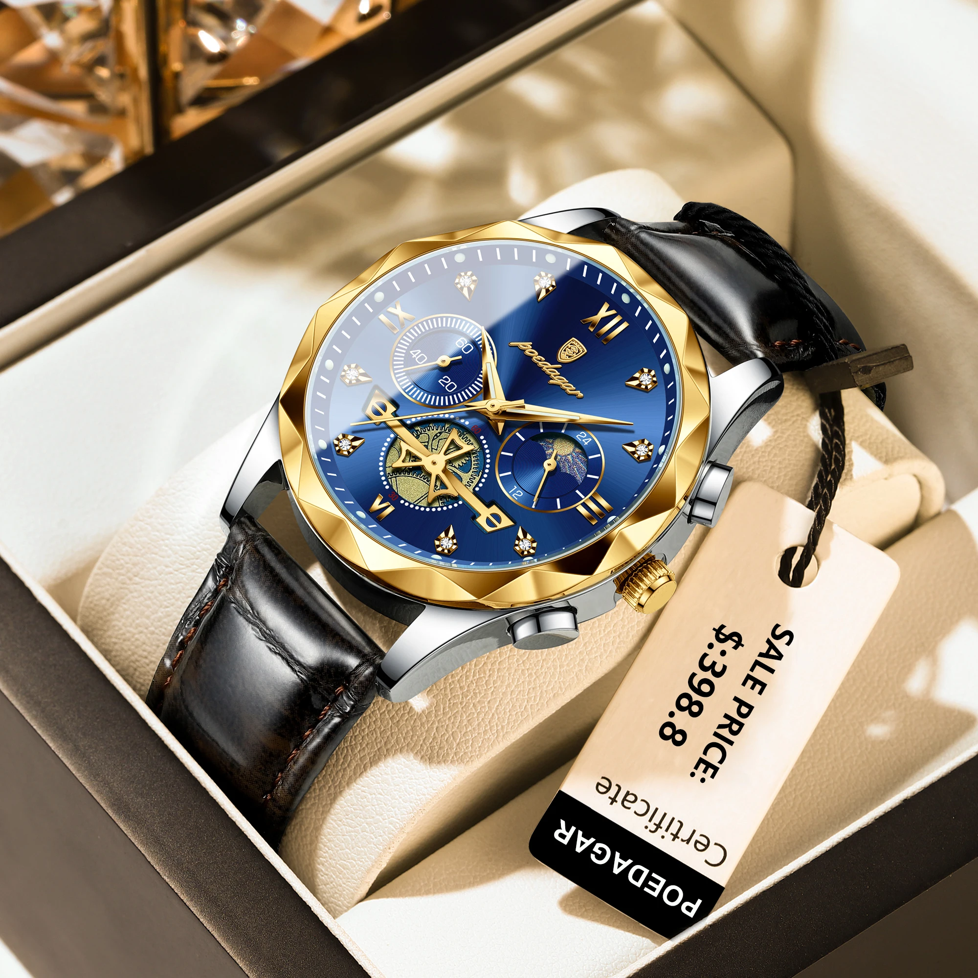 POEDAGAR Luxury Fashion Watches For Men Waterproof Luminous Chronograph Man Quartz Watch Military Sport Leather Men's Wristwatch